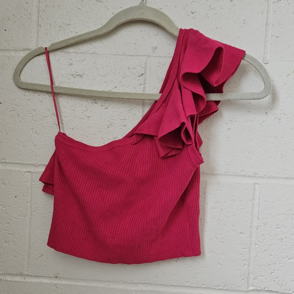 Express Pink Ruffle One Shoulder Cropped Sweater Tank - Picture 10 of 12